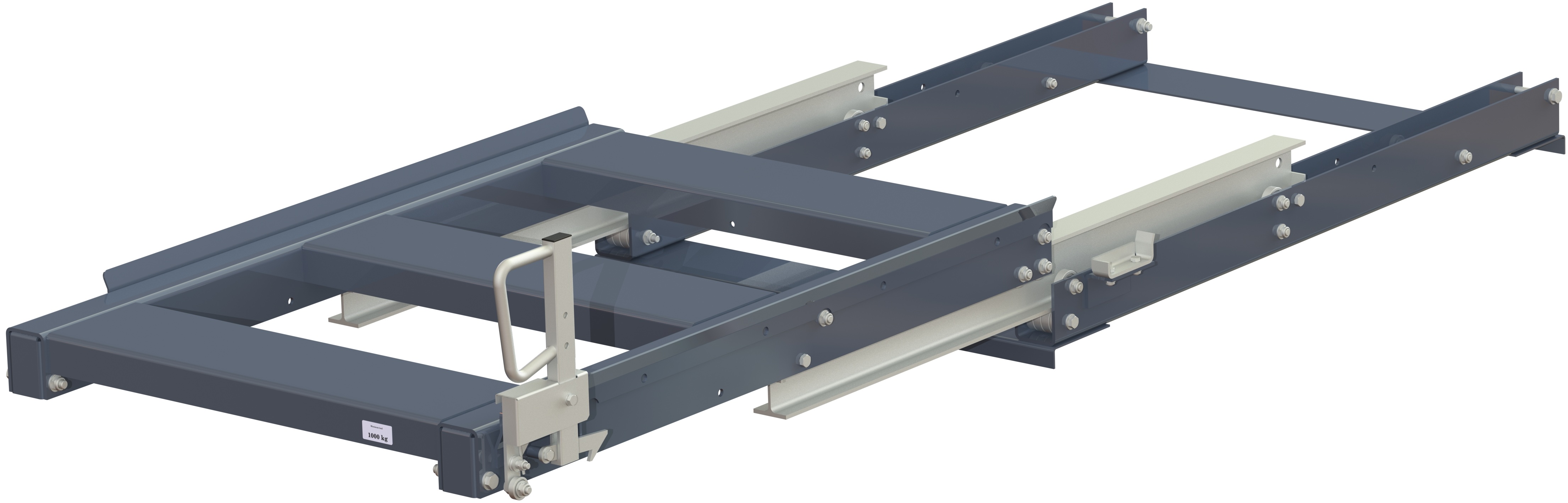 Pull-out unit for pallet rack with 100% extension, 1000 kg load capacity, rear-loaded, short-side handled eur-pallet Pull-out unit for pallet rack with 100% extension, 1000 kg load capacity, rear-loaded, short-side handled eur-pallet