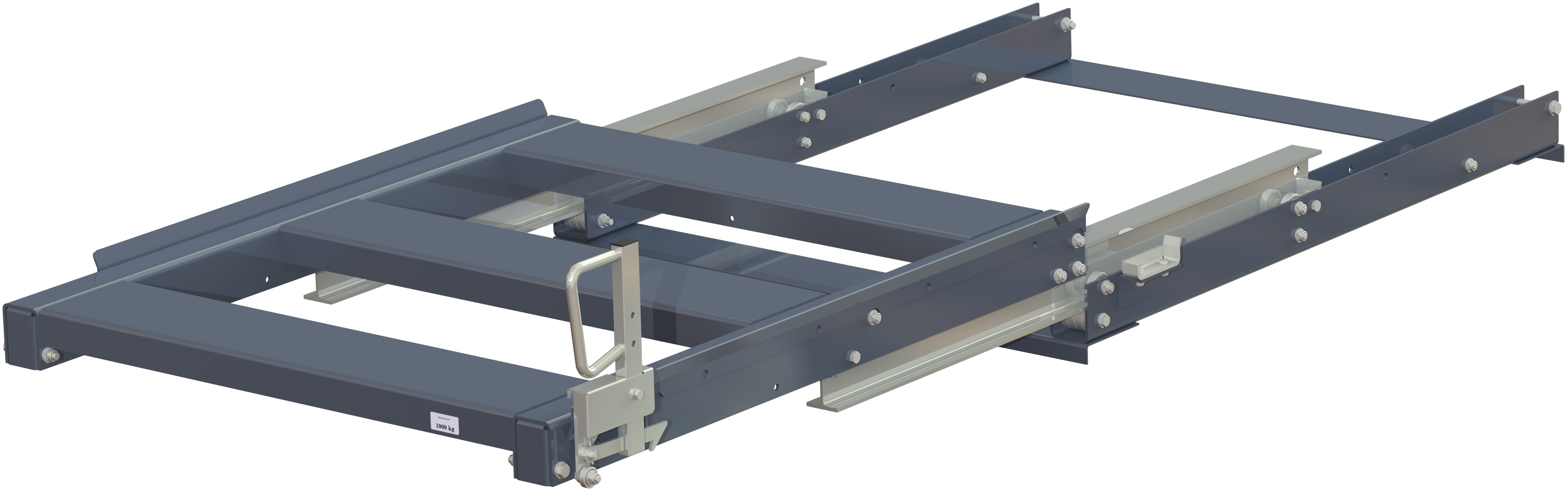 11 1003 1 23 open Pull-out unit for pallet rack with 100% extension ,1000 kg load capacity, front-loaded, short-side handled fin-pallet