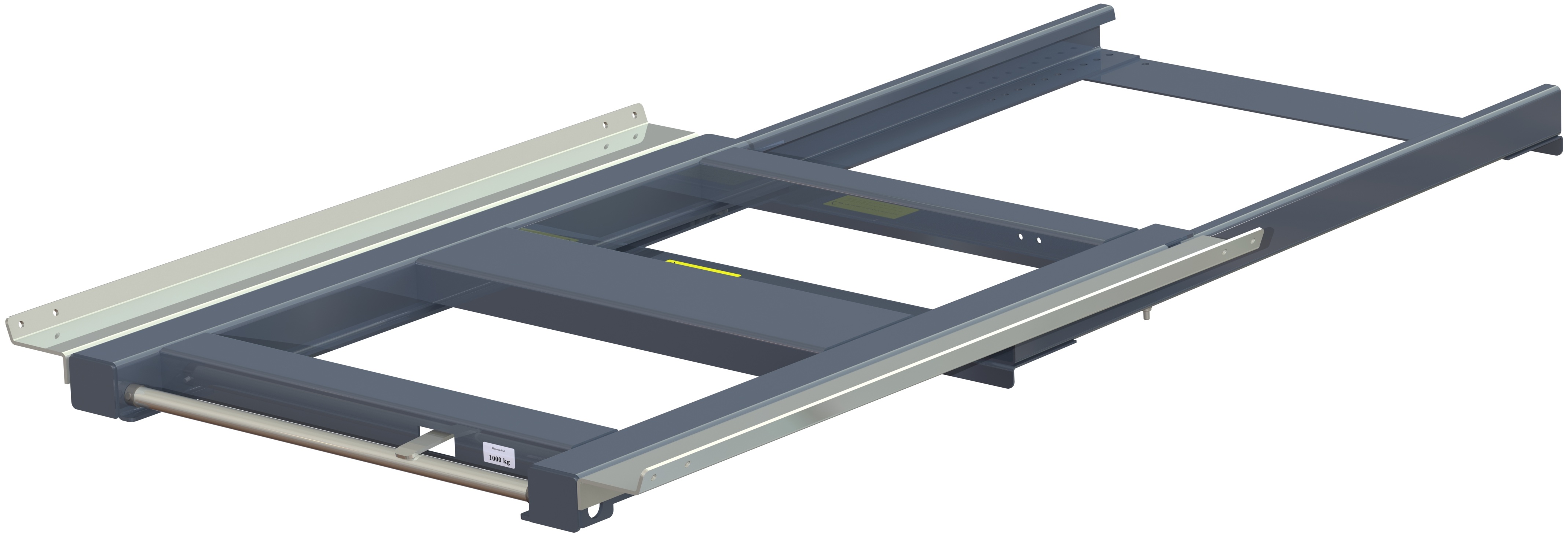 Pull-out unit for pallet rack with 70% extension ,1000 kg load capacity, rear-loaded, short-side handled fin-pallet