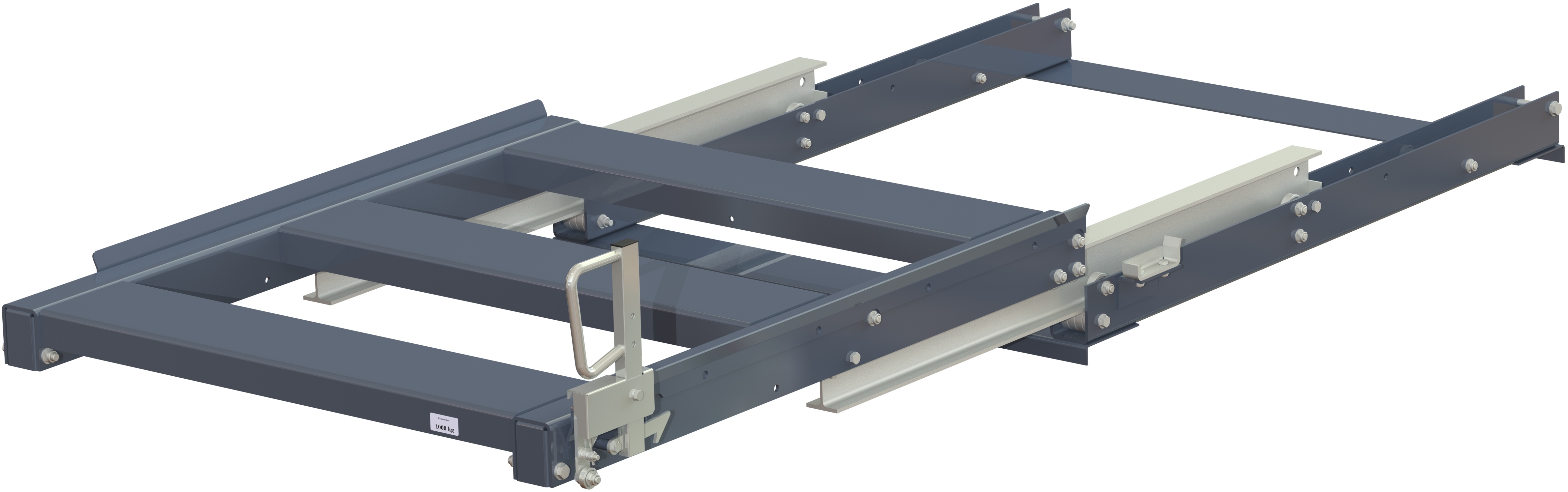 11 1004 1 23 open Pull-out unit for pallet rack with 100% extension ,1000 kg load capacity, rear-loaded, short-side handled fin-pallet