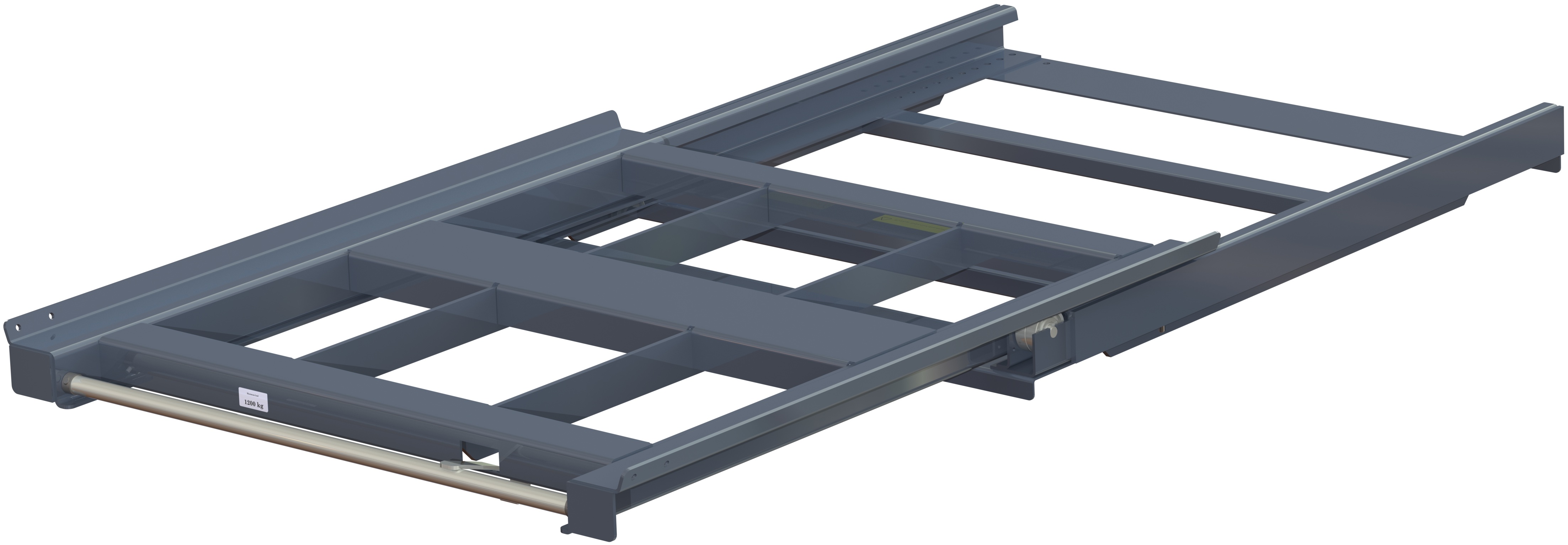 11 1203 0 open Pull-out unit for pallet rack with 70% extension ,1200 kg load capacity, front-loaded, short-side handled fin-pallet