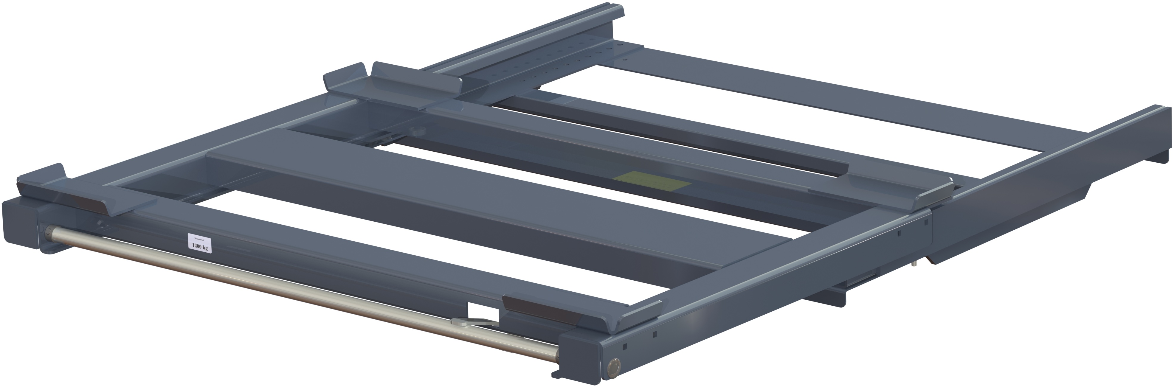 Pull-out unit for pallet rack with 70% extension, 1200 kg load capacity, rear-loaded, long-side handled for wire mesh containers Pull-out unit for pallet rack with 70% extension, 1200 kg load capacity, rear-loaded, long-side handled for wire mesh containers