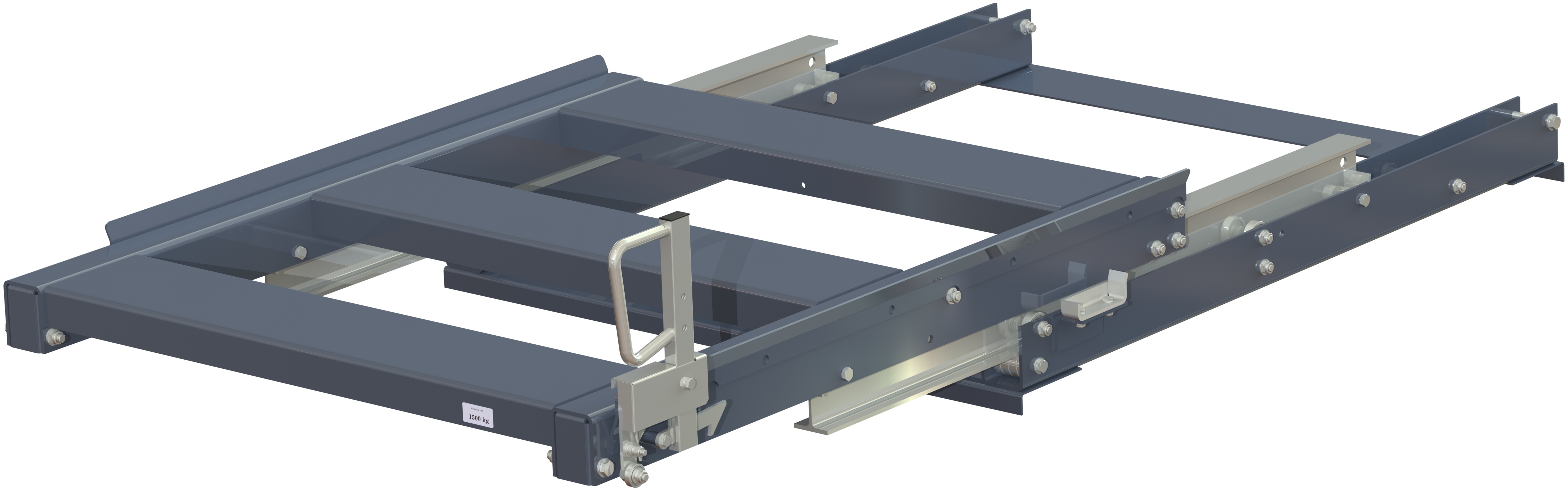 Pull-out unit for pallet rack with 70% extension ,1500 kg load capacity, rear-loaded, short-side handled fin-pallet