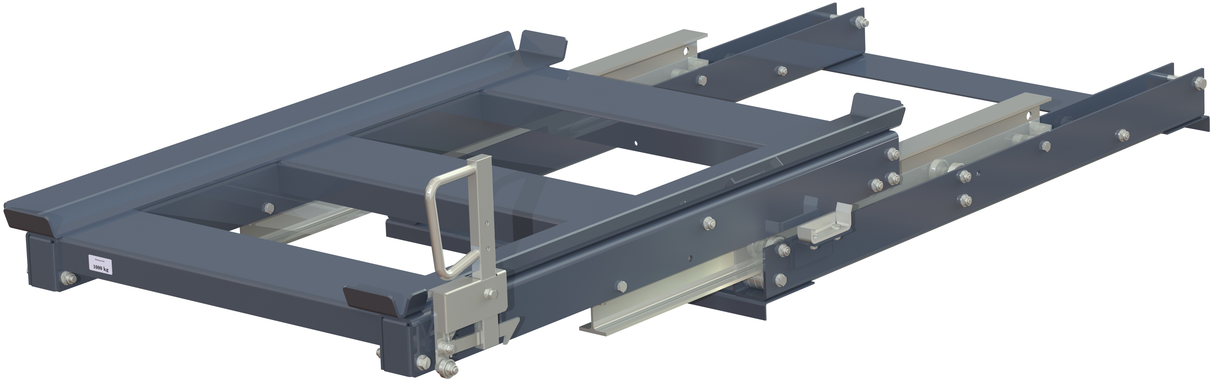 Beam-mounted pull-out unit 70%, 1500 kg, short-side handled, front-loaded, for wire mesh containers