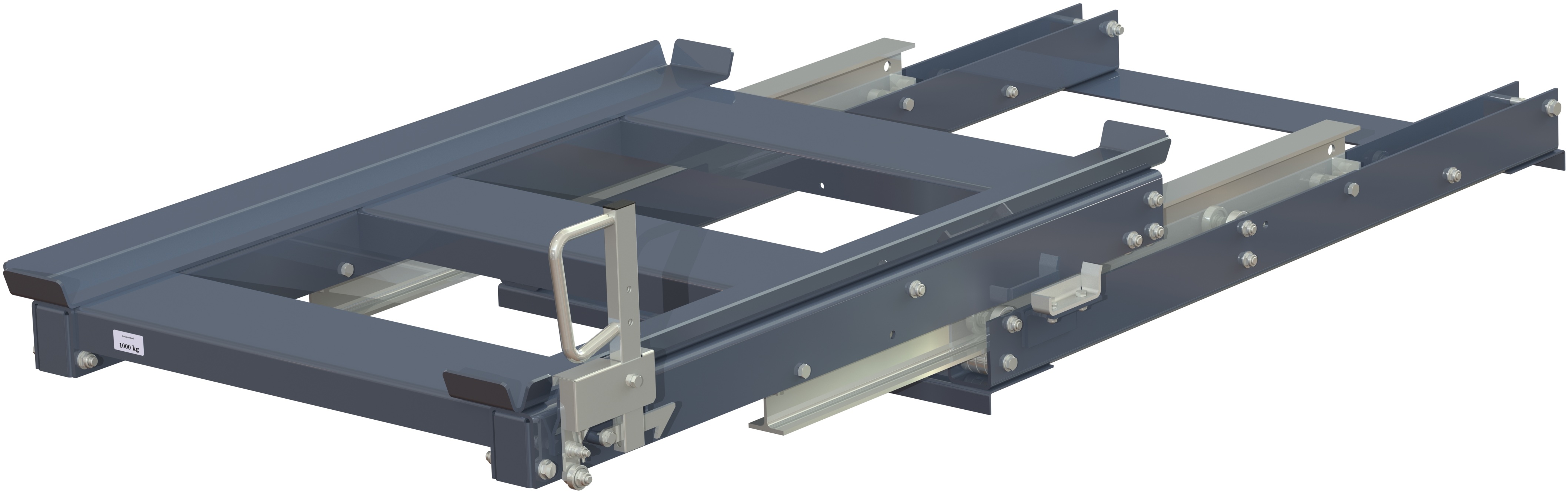 11 1510 0 23 open Beam-mounted pull-out unit 70%, 1500 kg, short-side handled, rear-loaded, for wire mesh containers