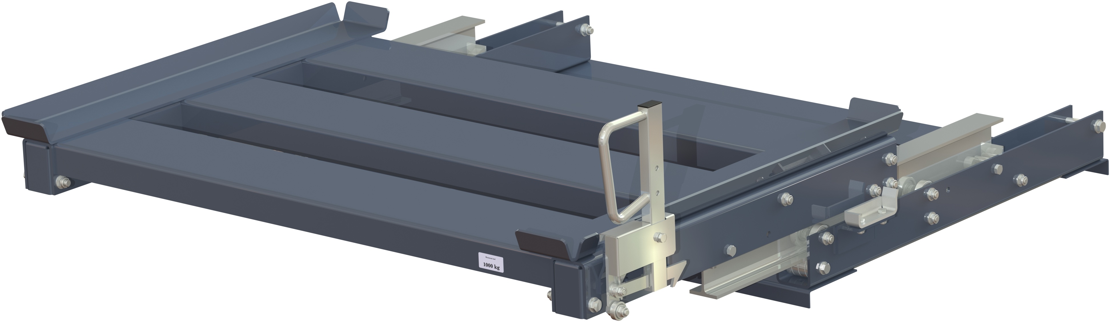 Beam-mounted pull-out unit 70%, 1500 kg, front loaded long-side handled for wire-mesh container