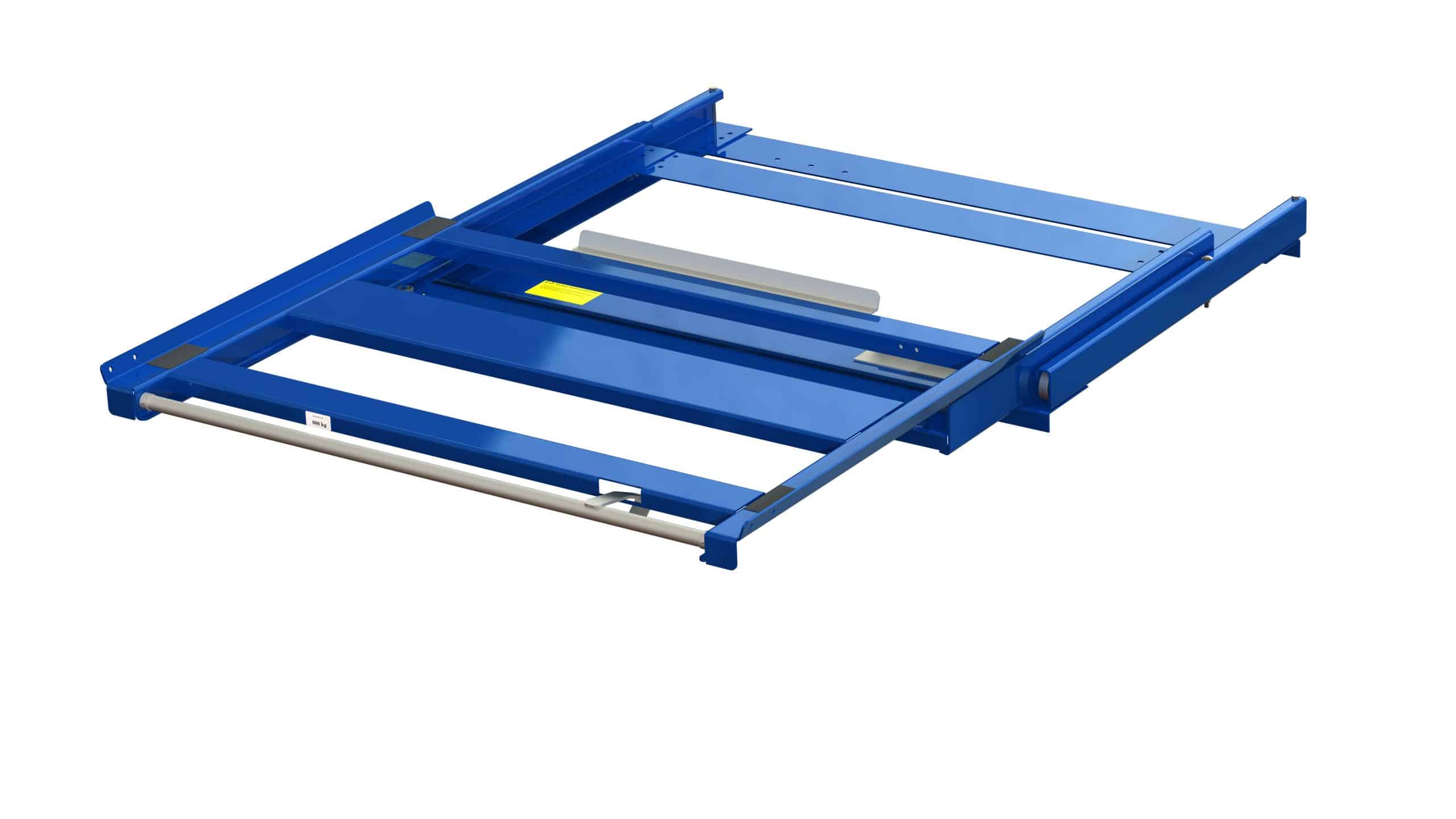 Pull-out unit for pallet rack with 100% extension, 600 kg load capacity, rear-loaded, long-side handled eur-pallet