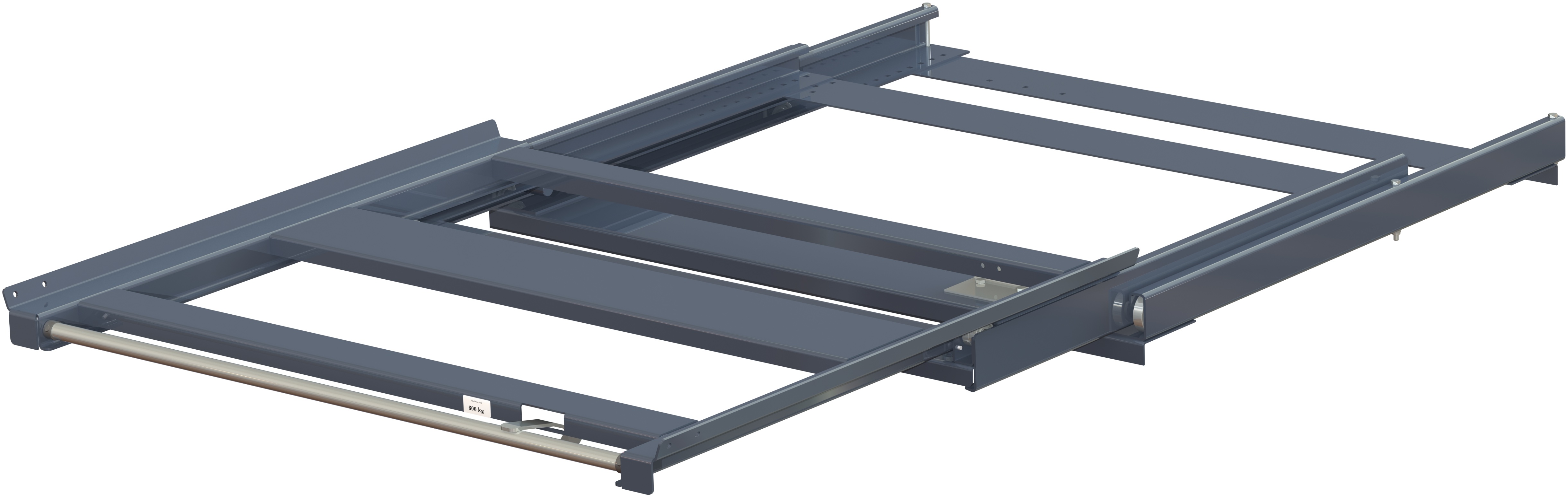 11 607 1 open Pull-out unit for pallet rack with 100% extension ,600 kg load capacity, front-loaded, long-side handled fin-pallet