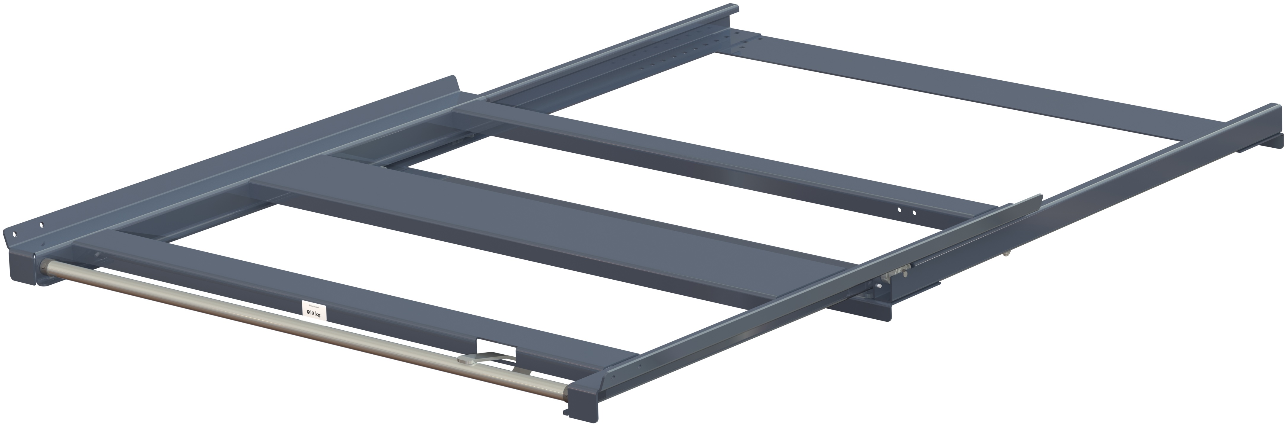 11 608 0 open Pull-out unit for pallet rack with 70% extension ,600 kg load capacity, rear-loaded, short-side handled fin-pallet