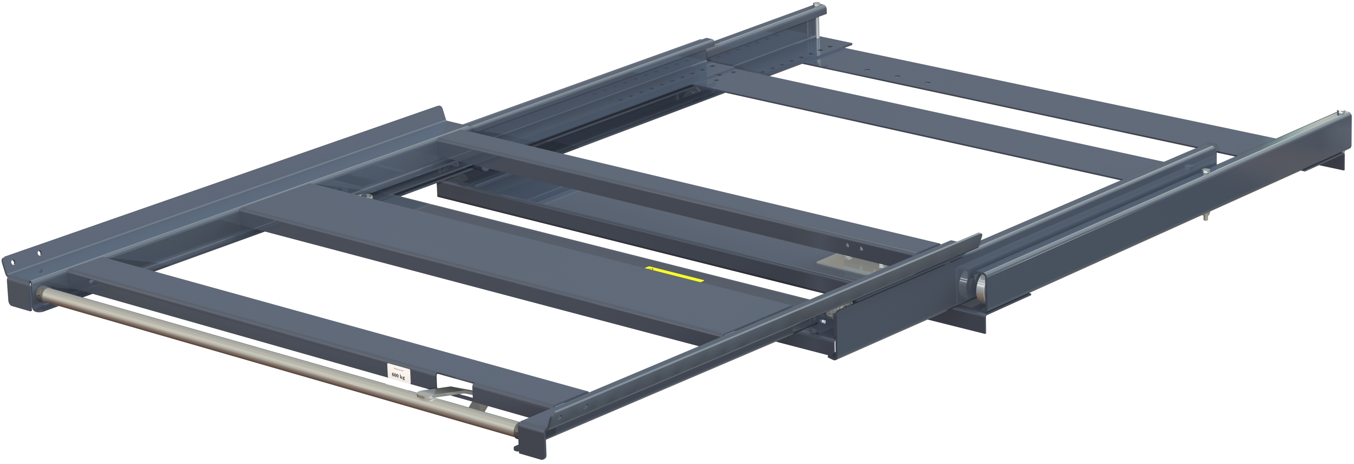 Pull-out unit for pallet rack with 100% extension ,600 kg load capacity, rear-loaded, short-side handled fin-pallet