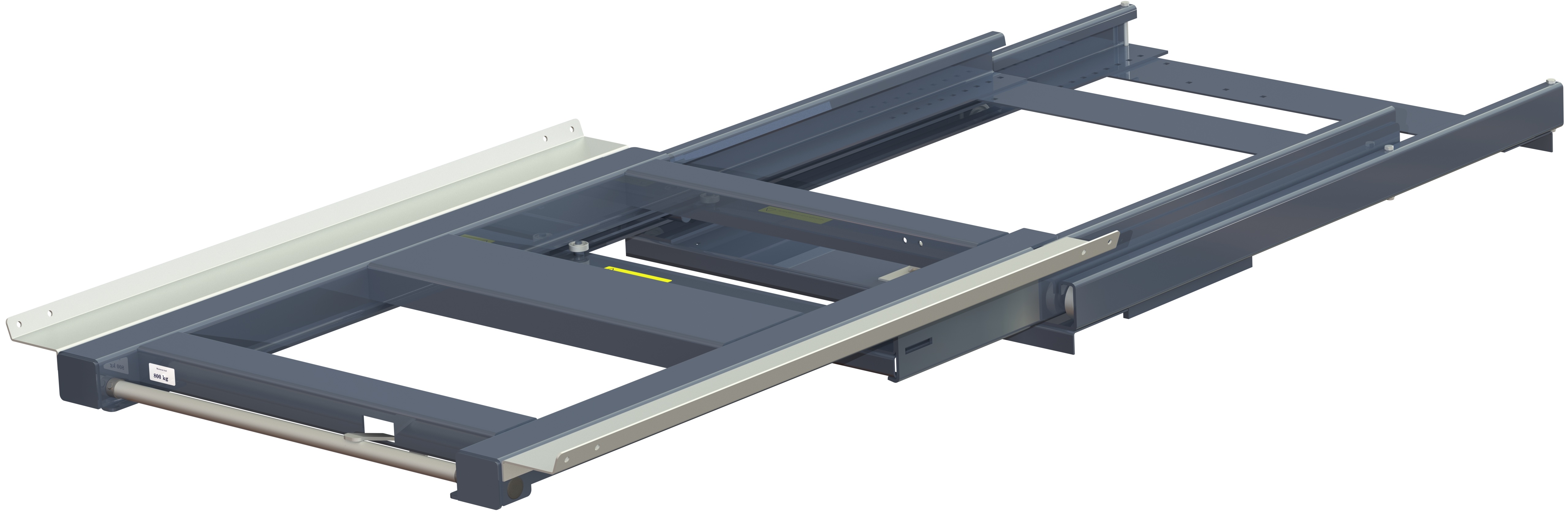 Pull-out unit for pallet rack with 100% extension ,800 kg load capacity, front-loaded, short-side handled fin-pallet