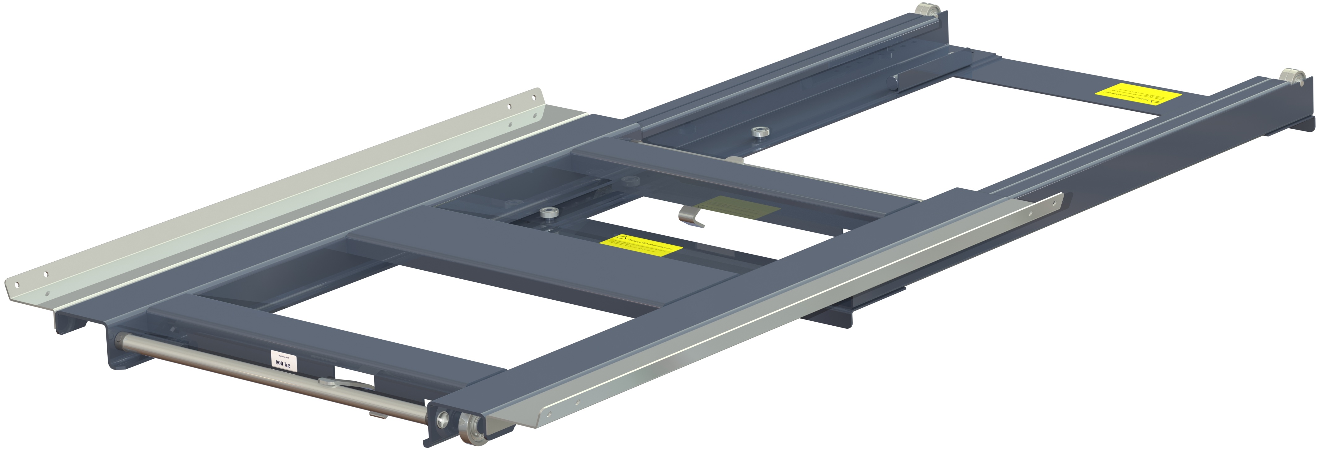 11 803 2 open Pull-out unit for pallet rack with 70% extension two-way ,800 kg load capacity, two way loaded, short-side handled fin-pallet