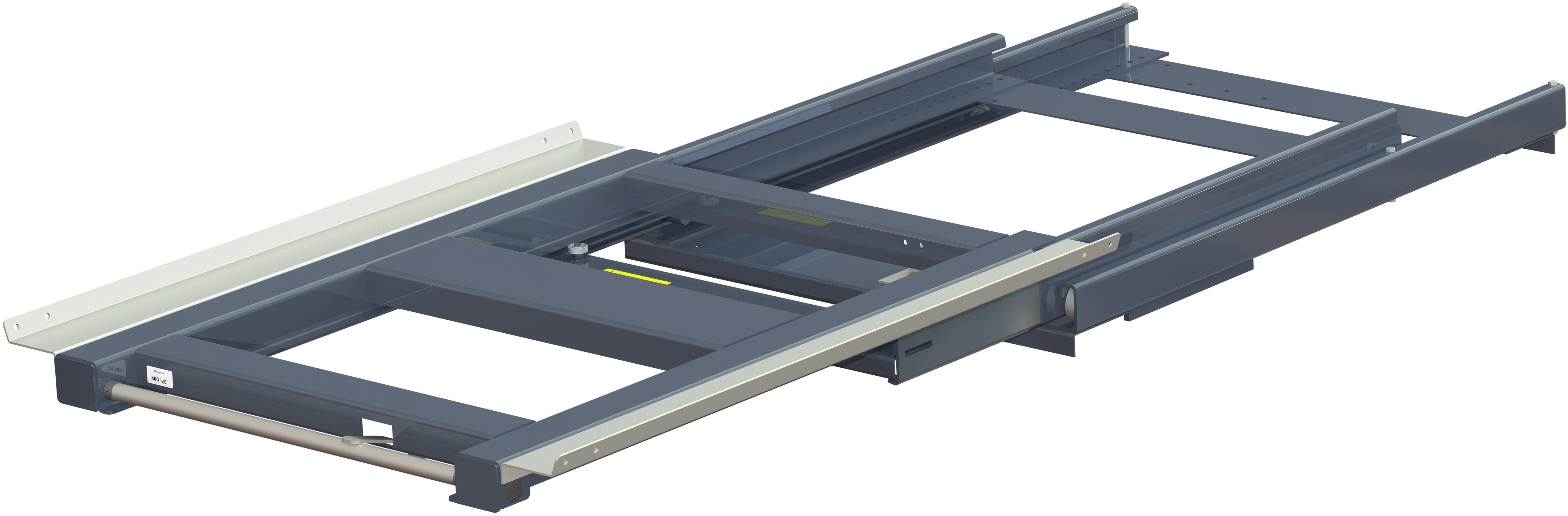 11 804 1 open Pull-out unit for pallet rack with 100% extension ,800 kg load capacity, rear-loaded, short-side handled fin-pallet