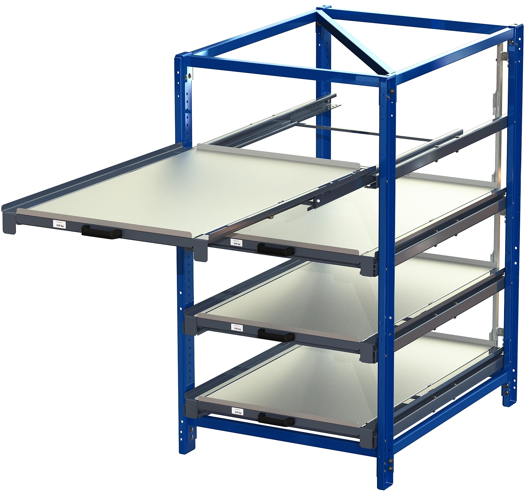 Compact storage unit with shelf lock, short-side forward, 100% extension, 150 kg load capacity, 4 shelves