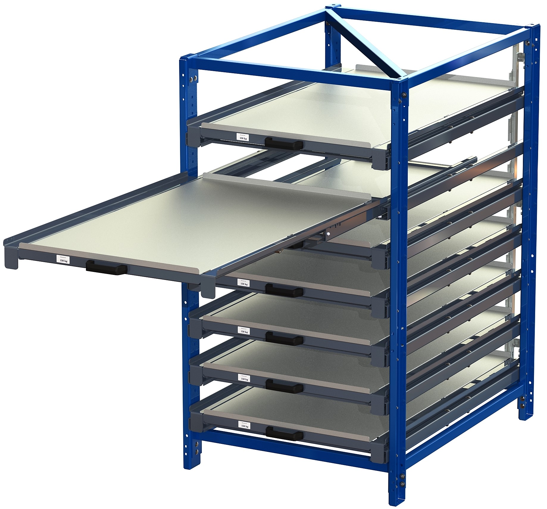 22 1271 industribyrå med tippskyddslås kortsidehanterat 100 utdragskapacitet 150 kg lastkapacitet 7 hyllplan Compact storage unit with shelf lock, short-side forward, 100% extension, 150kg load capacity, 7 shelves