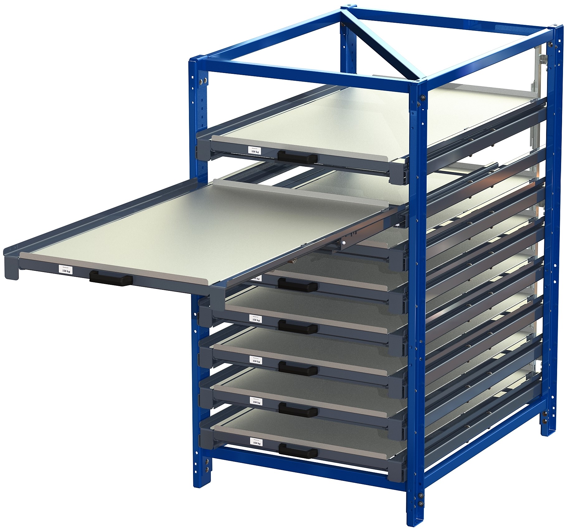 Compact storage unit with shelf lock, short-side forward, 100% extension, 150kg load capacity, 8 shelves