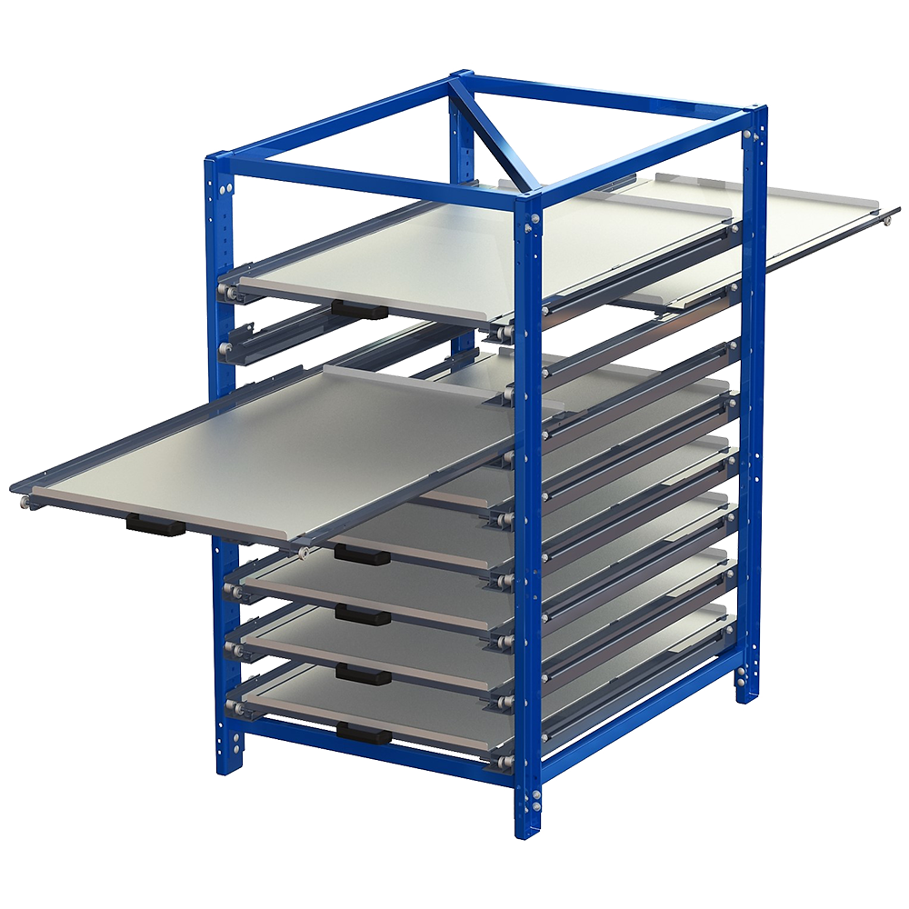 Compact storage unit without shelf lock, short-side forward, 70% extension, two-way, 200 kg load capacity, 8 shelves