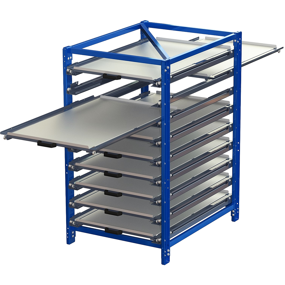 Compact storage unit without shelf lock, short-side forward, 70% extension, two-way, 200 kg load capacity, 9 shelves