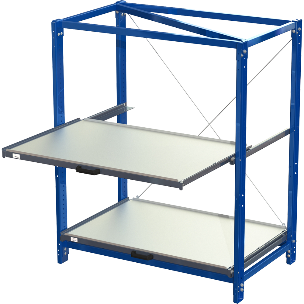 Compact storage unit without shelf lock, long-side forward, 70% extension, 200kg load capacity, 2 shelves