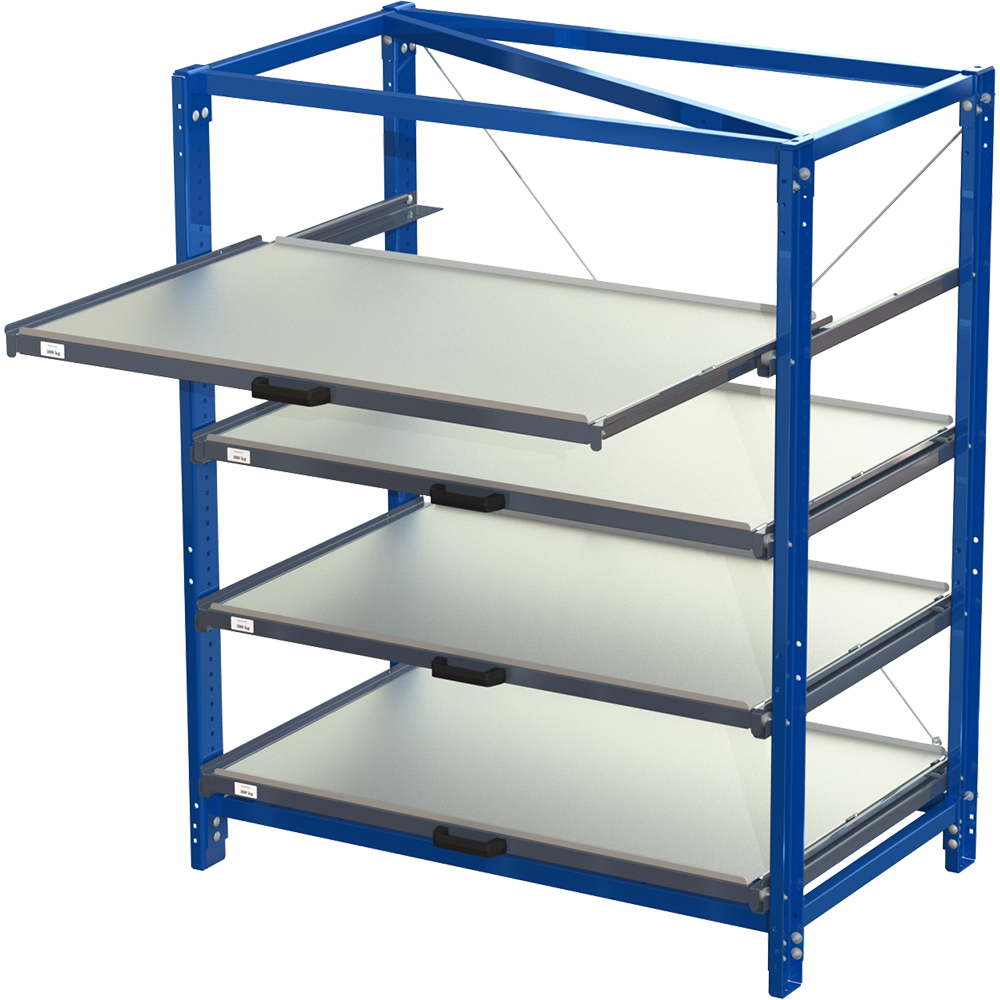 Compact storage unit without shelf lock, long-side forward, 70% extension, 200kg load capacity, 4 shelves