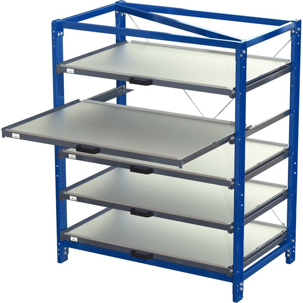 Compact storage unit without shelf lock, long-side forward, 70% extension, 200 kg load capacity, 5 shelves