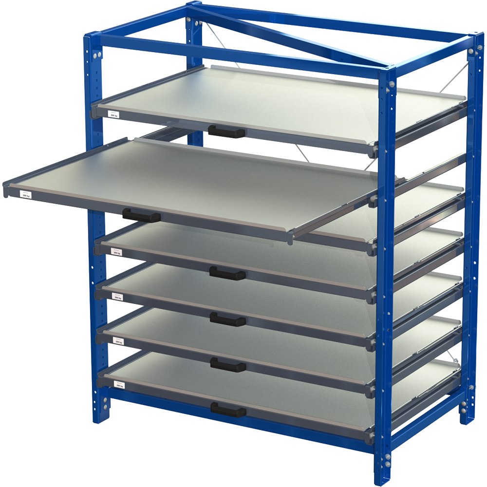 Compact storage unit without shelf lock, long-side forward, 70% extension, 200kg load capacity, 7 shelves