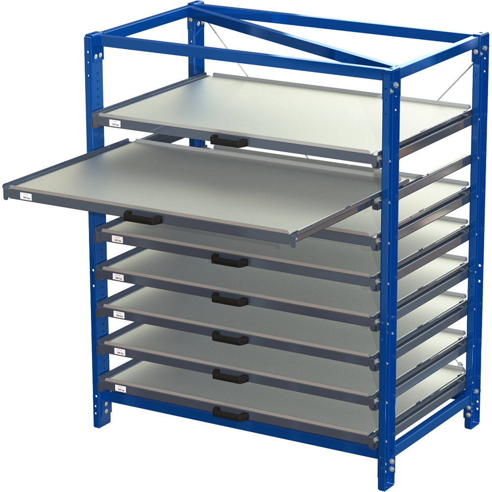 Compact storage unit without shelf lock, long-side forward, 70% extension, 200 kg load capacity, 8 shelves