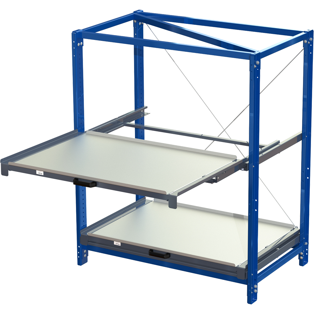 Compact storage unit without shelf lock, long-side forward, 100% extension, 150kg load capacity, 2 shelves
