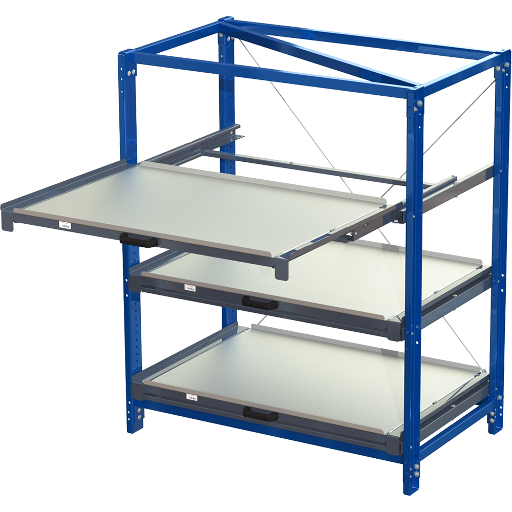 Compact storage unit without shelf lock, long-side forward, 100% extension, 150 kg load capacity, 3 shelves