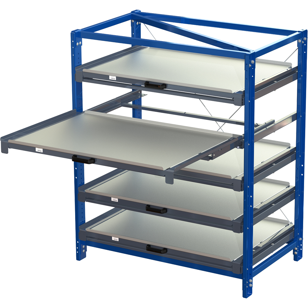 Compact storage unit without shelf lock, long-side forward, 100% extension, 150kg load capacity, 5 shelves