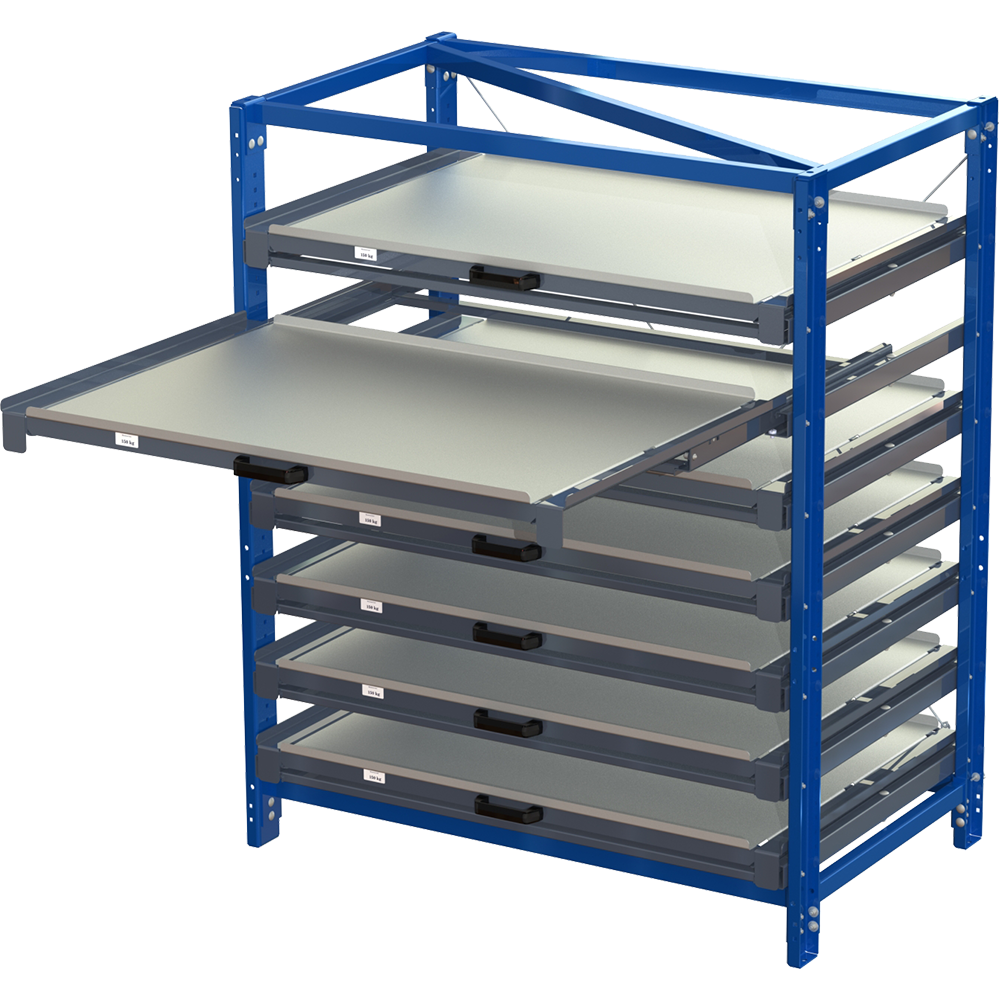 Compact storage unit without shelf lock, long-side forward,100% extension, 150 kg load capacity, 7 shelves Compact storage unit without shelf lock, long-side forward,100% extension, 150 kg load capacity, 7 shelves