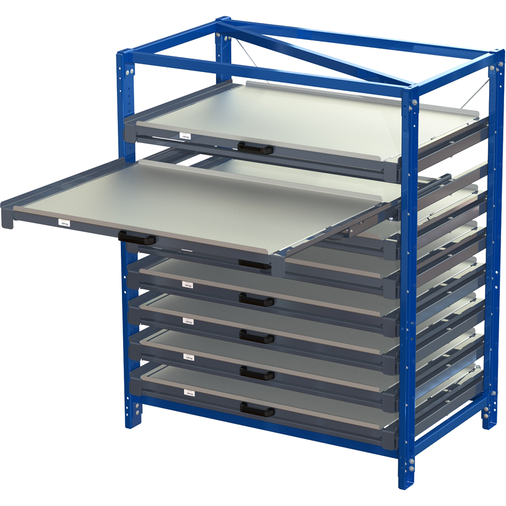 Compact storage unit without shelf lock, long-side forward, 100% extension, 150 kg load capacity, 8 shelves
