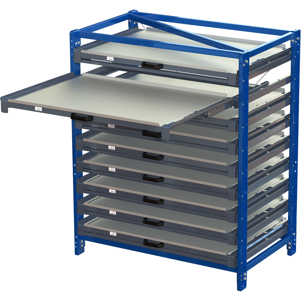 Compact storage unit without shelf lock, long-side forward, 100% extension,150 kg load capacity, 9 shelves Compact storage unit without shelf lock, long-side forward, 100% extension,150 kg load capacity, 9 shelves