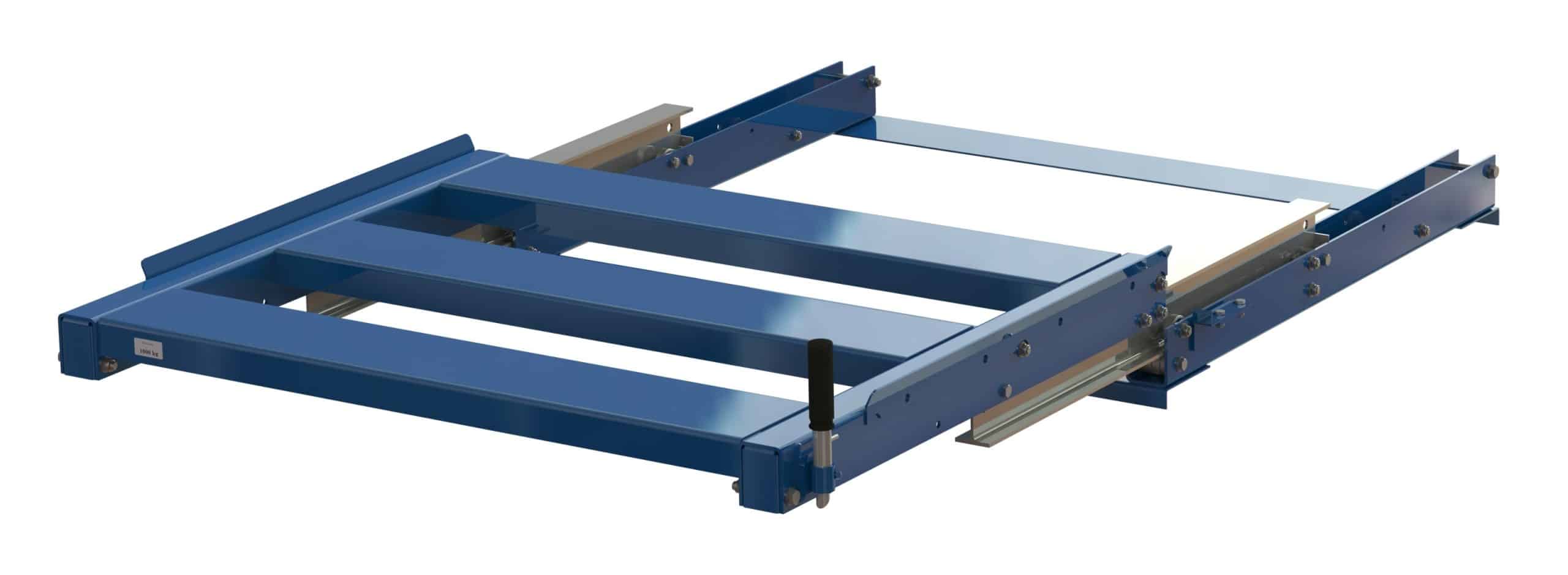 Pull-out unit for pallet rack with 100% extension, 1000 kg load capacity, front-loaded, long-side handled fin-pallet Pull-out unit for pallet rack with 100% extension, 1000 kg load capacity, front-loaded, long-side handled fin-pallet