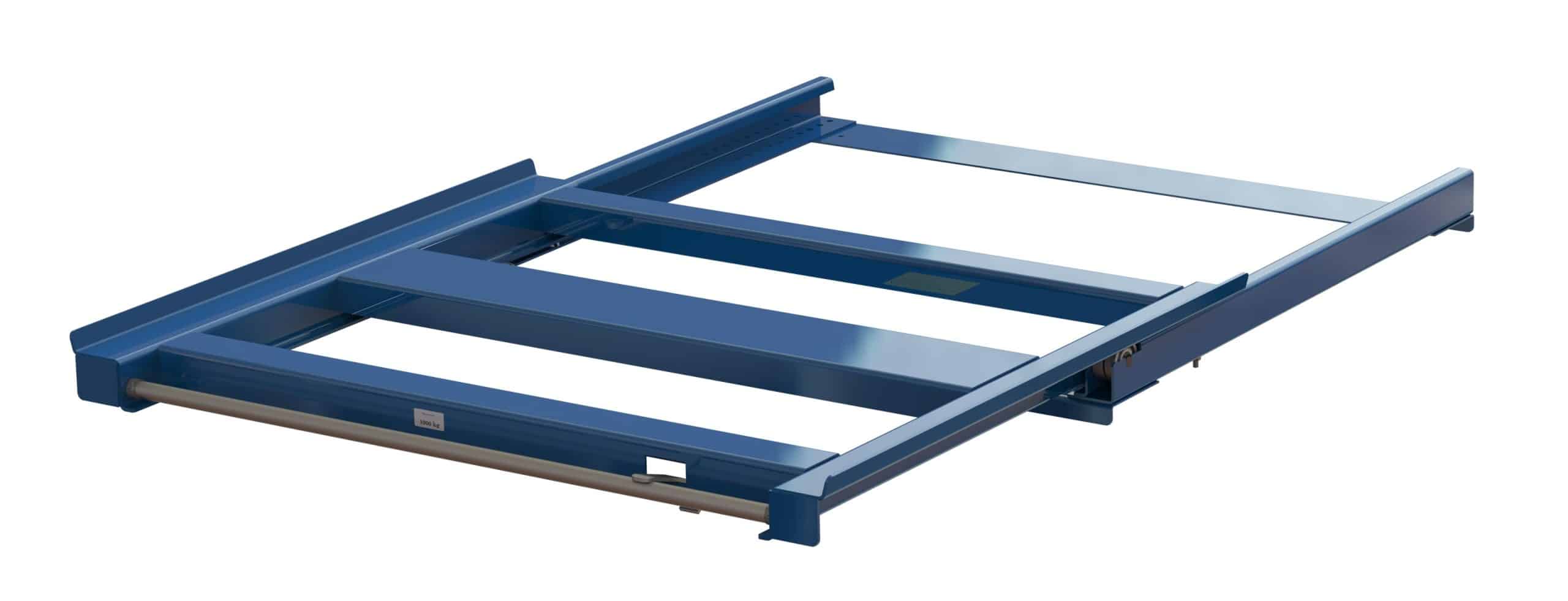 Pull-out unit for pallet rack with 70% extension, 1000 kg load capacity, rear-loaded, long-side handled fin-pallet Pull-out unit for pallet rack with 70% extension, 1000 kg load capacity, rear-loaded, long-side handled fin-pallet