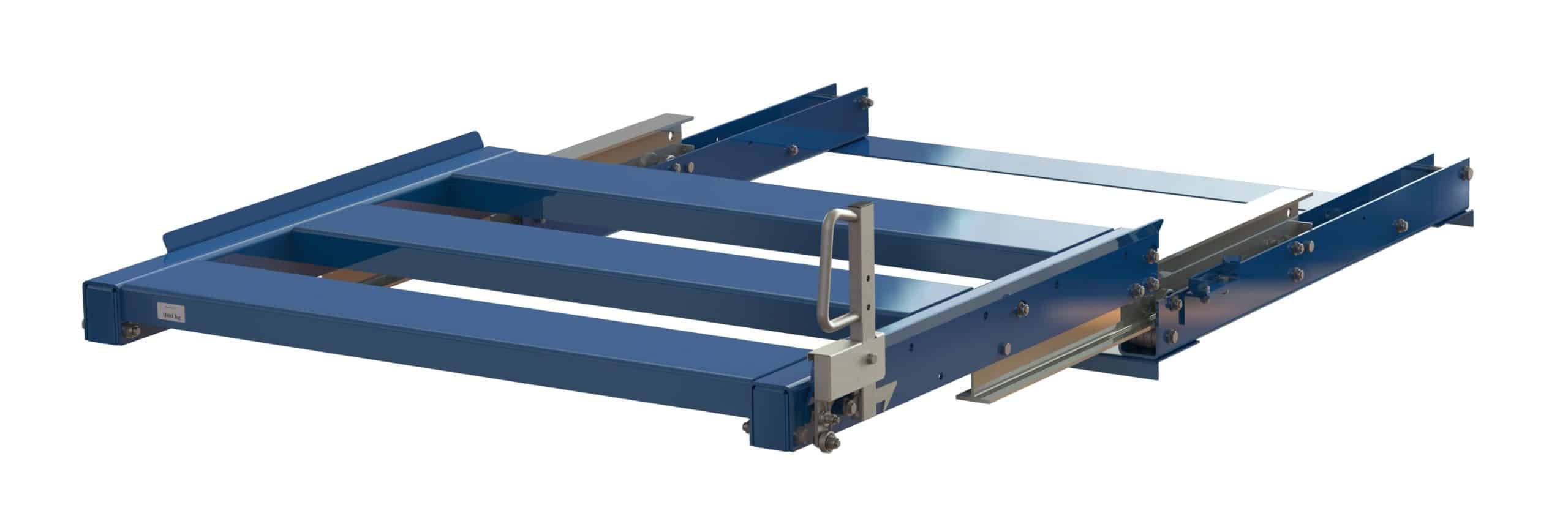 Pull-out unit for pallet rack with 100% extension, 1000 kg load capacity, rear-loaded, long-side handled fin-pallet Pull-out unit for pallet rack with 100% extension, 1000 kg load capacity, rear-loaded, long-side handled fin-pallet