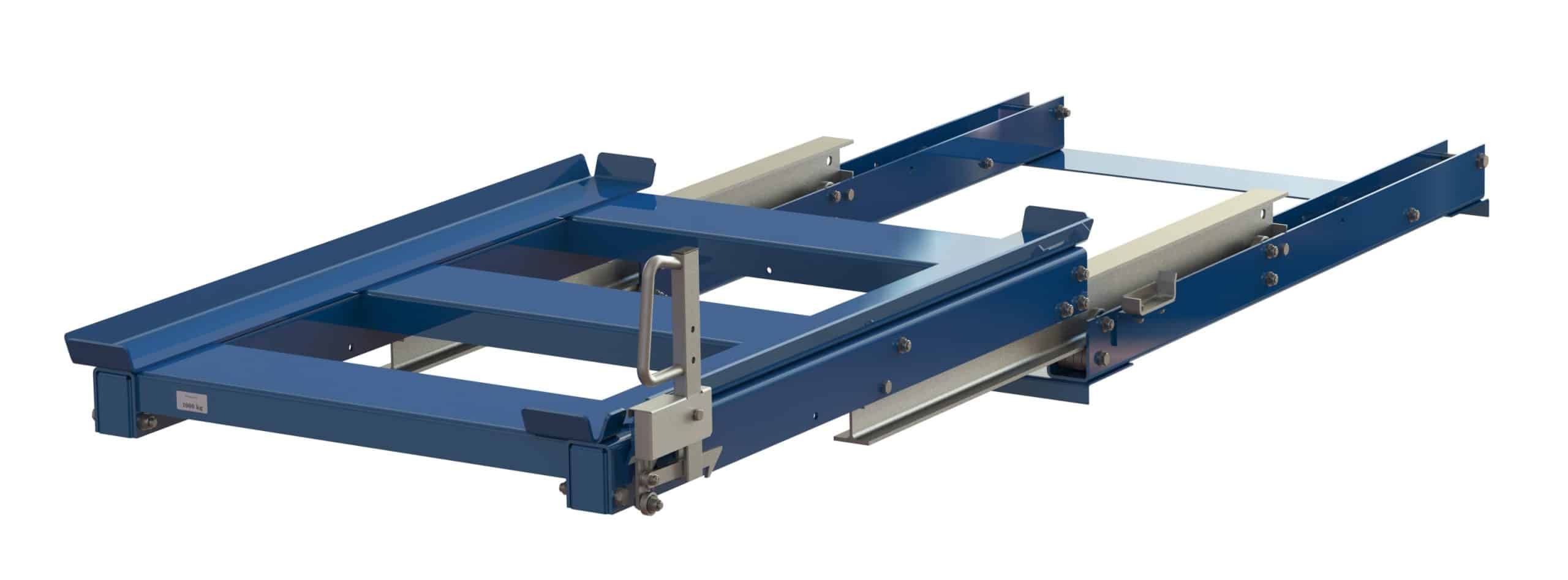 Pull-out unit for pallet rack with 100% extension, 1000 kg load capacity, front-loaded, short-side handled for wire mesh containers