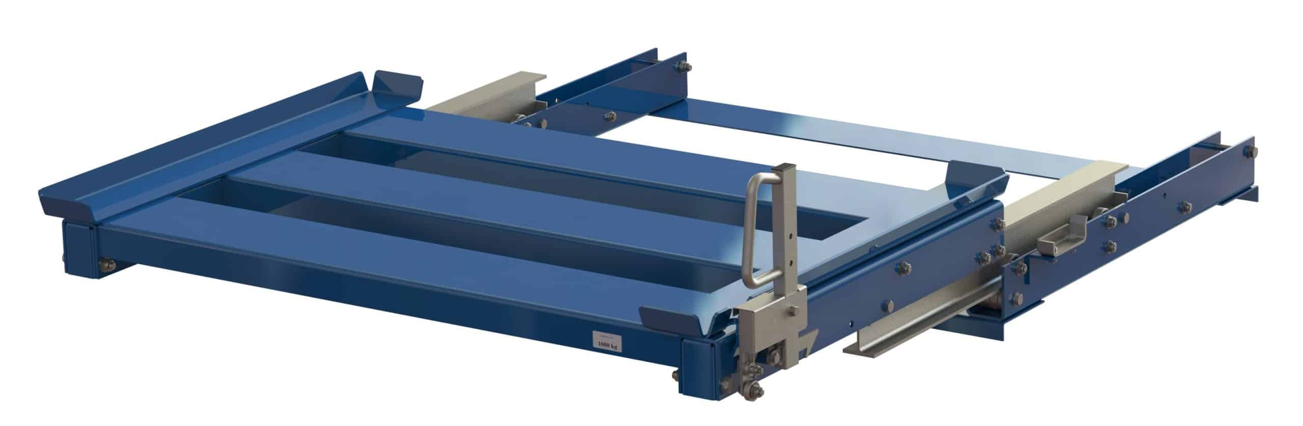 Pull-out unit for pallet rack with 100% extension, 1000 kg load capacity, rear-loaded, long-side handled for wire mesh containers Pull-out unit for pallet rack with 100% extension, 1000 kg load capacity, rear-loaded, long-side handled for wire mesh containers