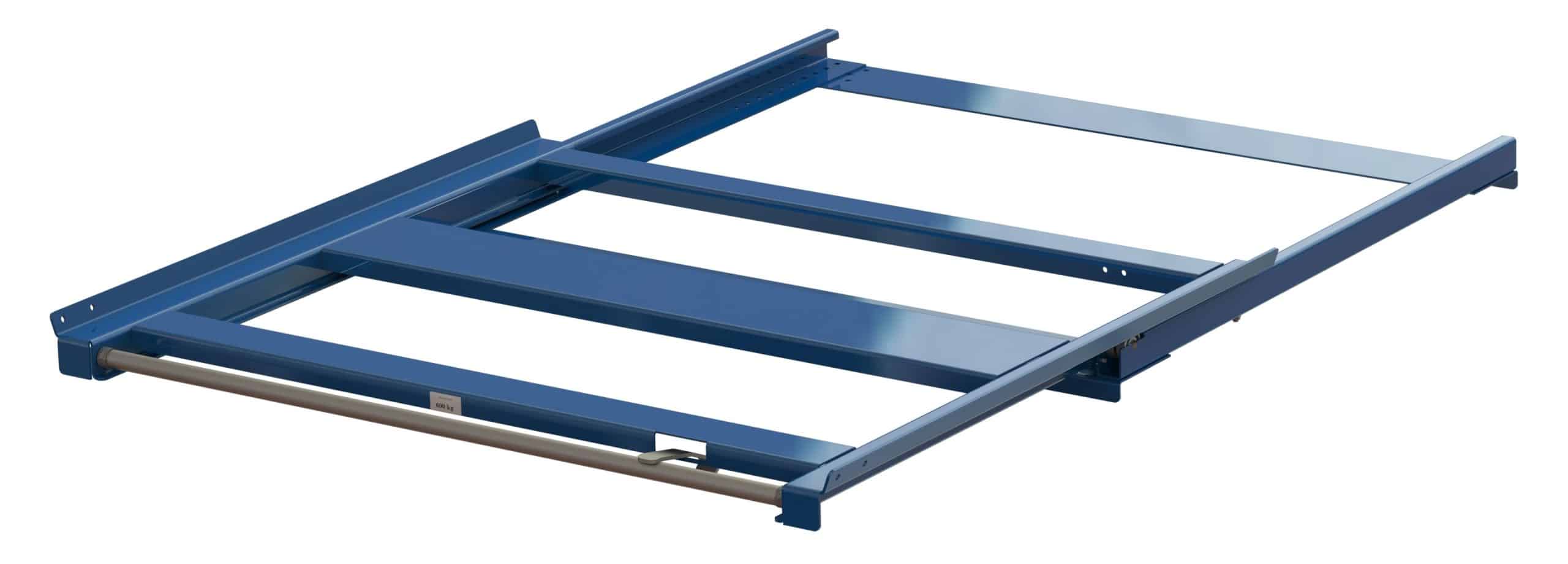 Pull-out unit for pallet rack with 70% extension, 600 kg load capacity, front-loaded, long-side handled fin-pallet Pull-out unit for pallet rack with 70% extension, 600 kg load capacity, front-loaded, long-side handled fin-pallet