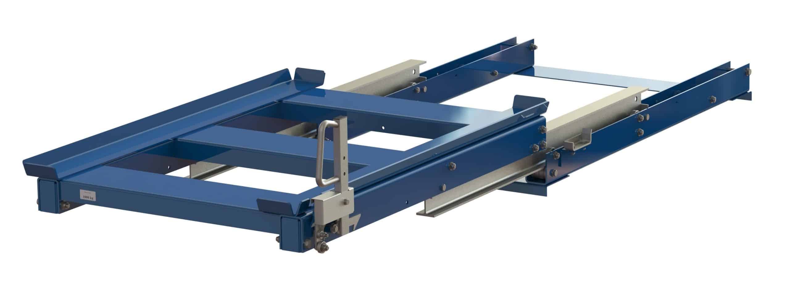 Pull-out unit for pallet rack with 100% extension, 1000 kg load capacity, rear-loaded, short-side handled for wire mesh containers Pull-out unit for pallet rack with 100% extension, 1000 kg load capacity, rear-loaded, short-side handled for wire mesh containers