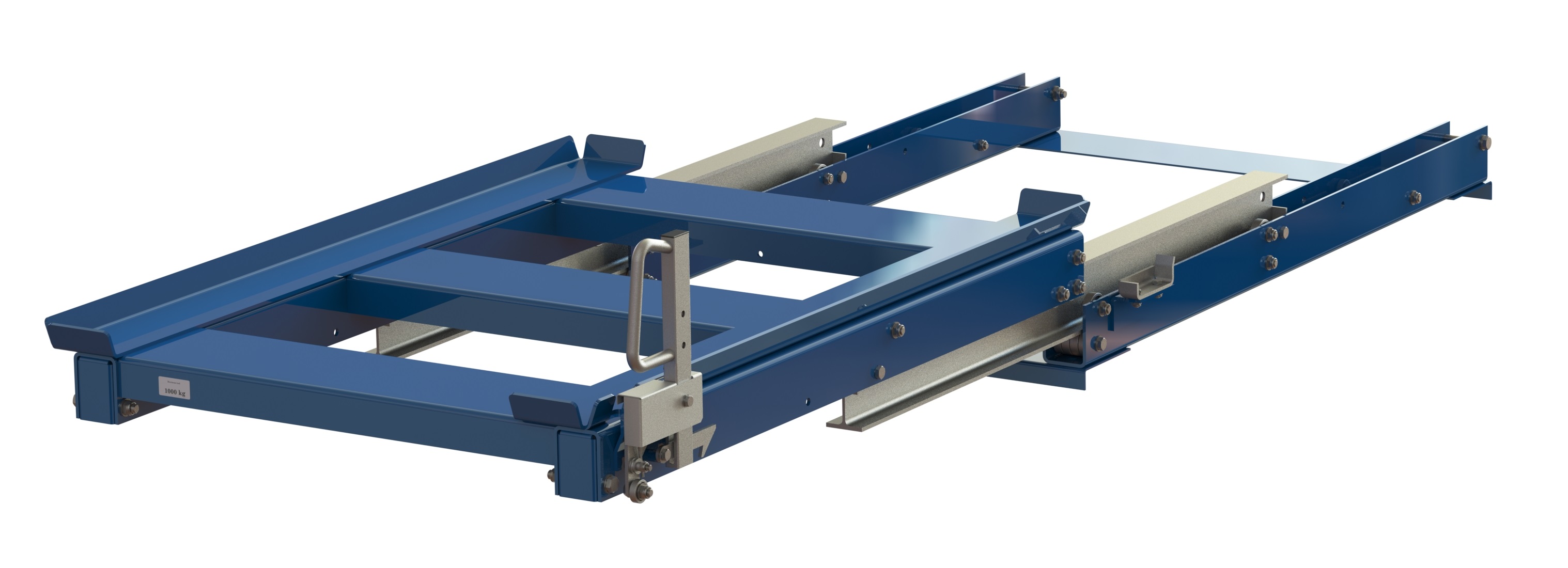 Beam-mounted pull-out unit 100%, 1000 kg, short-side handled, rear-loaded, for wire mesh containers