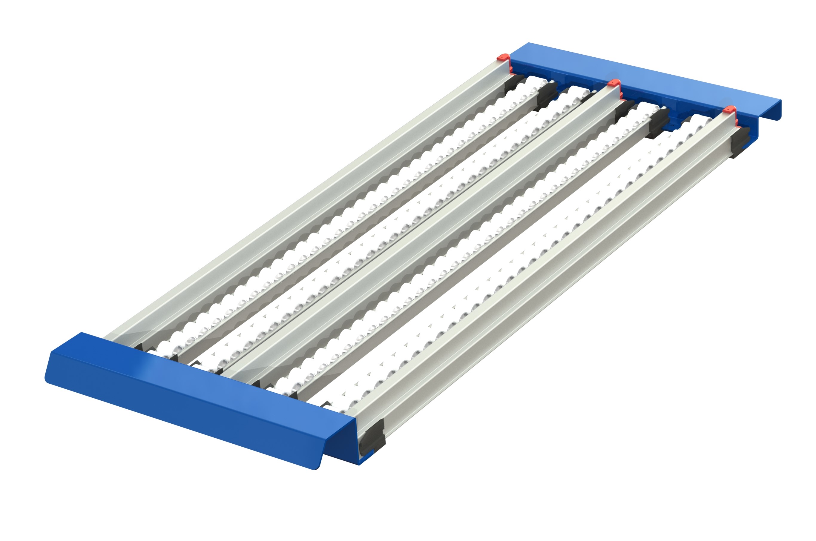 Narrow fifo flow-shelves with 4 rollers and 3 dividers, providing 2 channels suitable for plastic bins or cardboard boxes with a maximum width of 200 mm, w=470, d=1100
