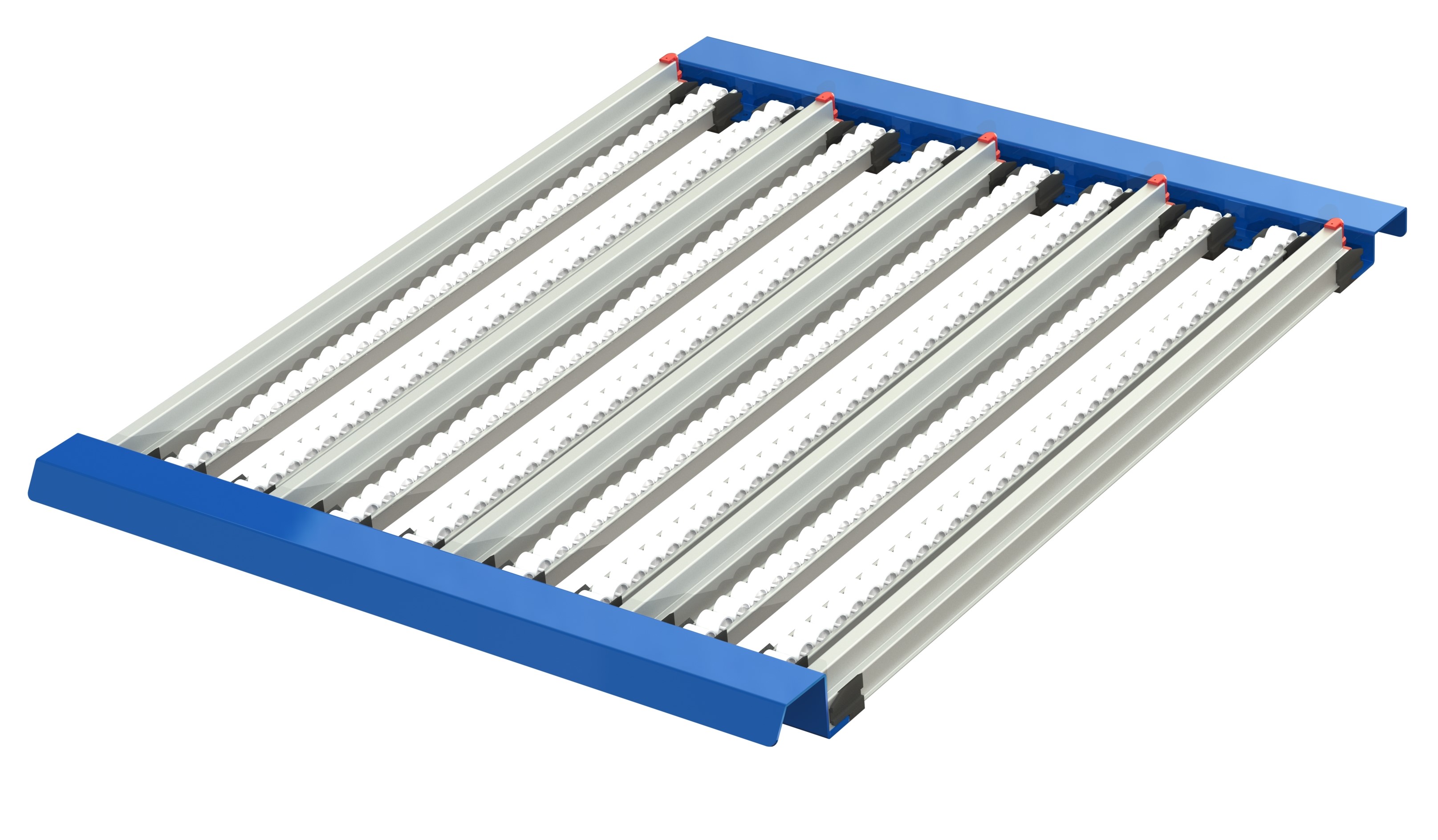 Fifo flow shelf with 8 rollers and 5 dividers, providing 4 channels suitable for plastic bins or cardboard boxes with a maximum width of 200 mm w=940, d=1100