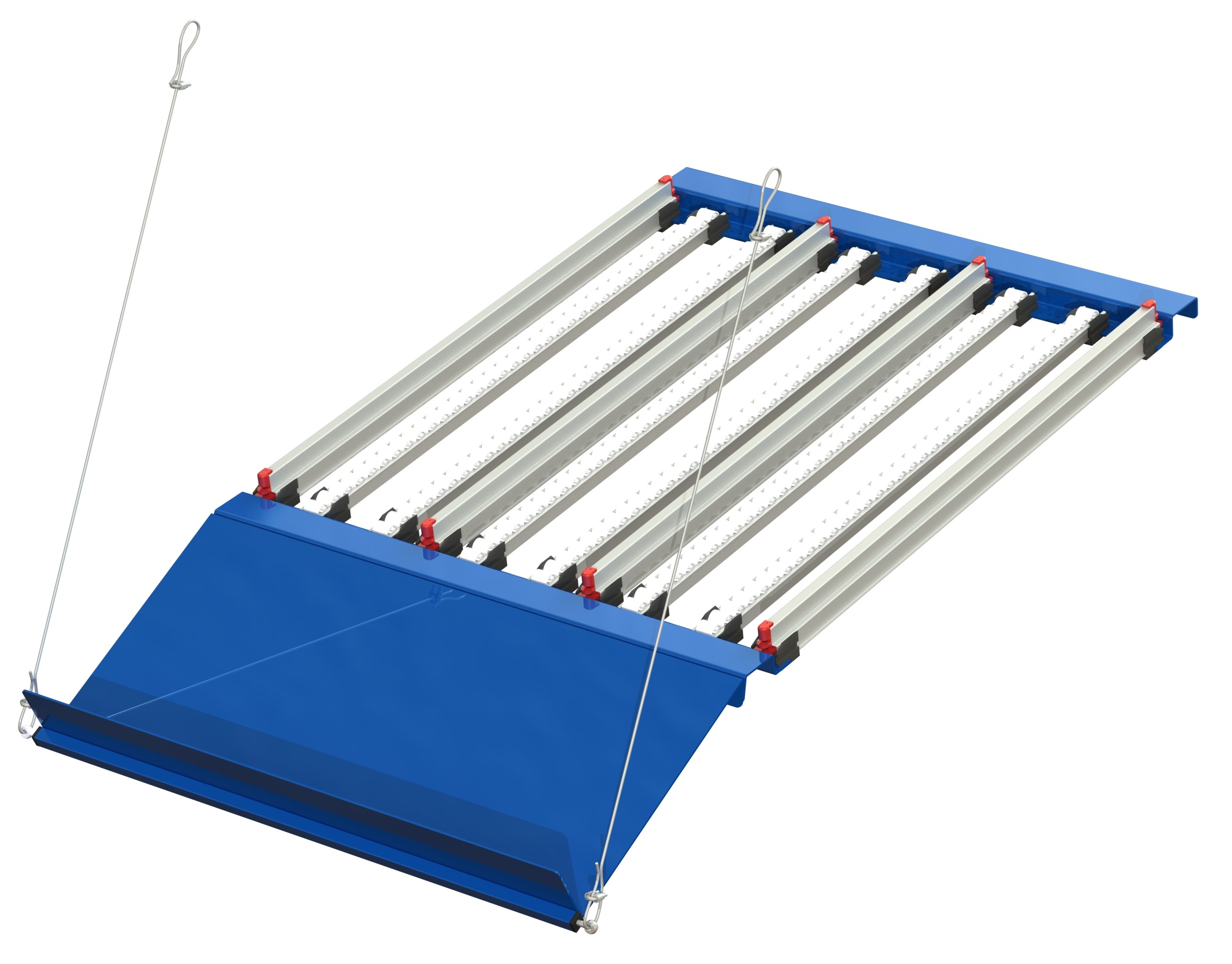 Fifo flow shelf with adjustable extension 6 rollers and 4 dividers, providing 3 channels suitable for plastic bins or cardboard boxes with a maximum width of 300 mm, w=940, d=1400