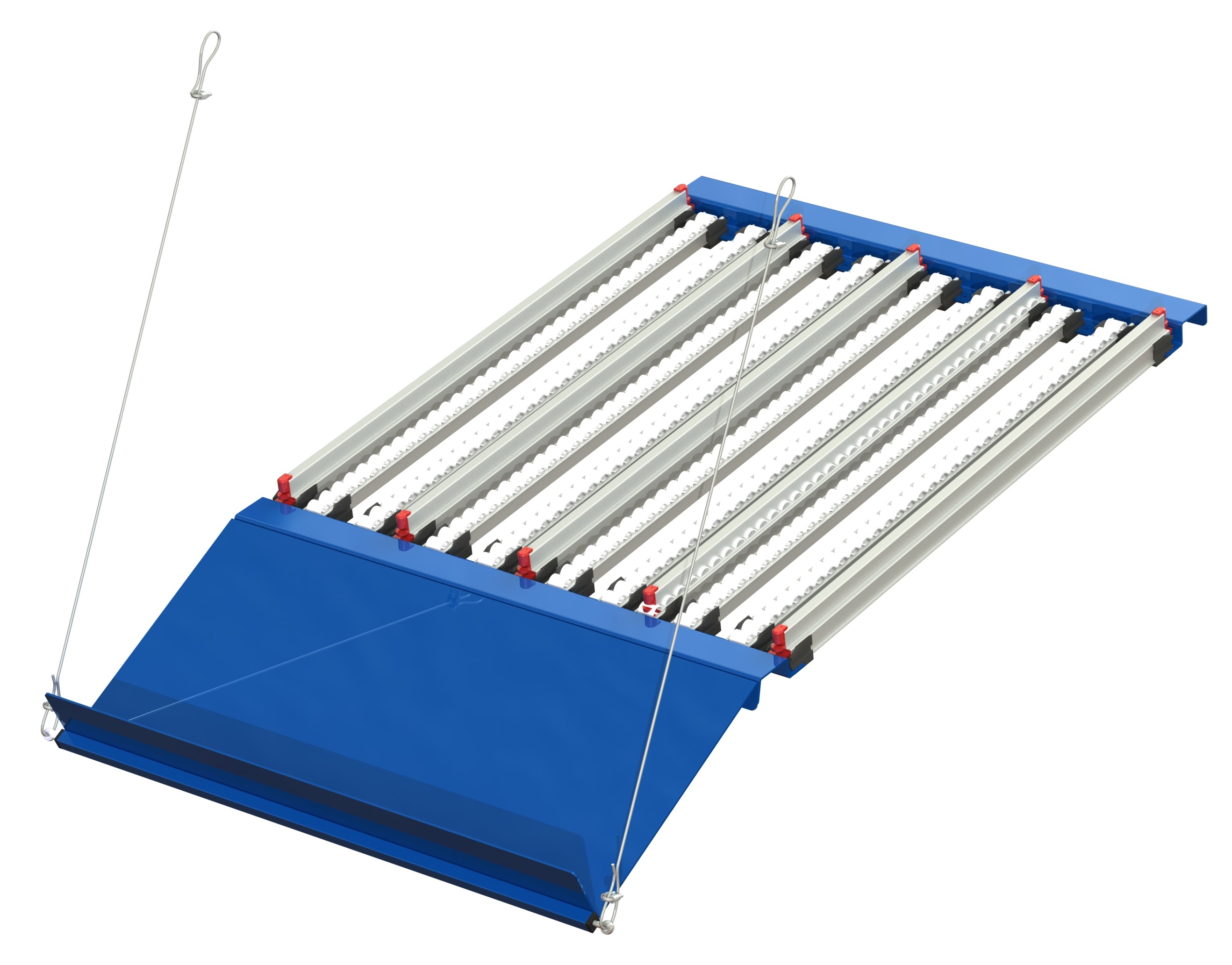 Fifo flow shelf with adjustable extension8 rollers and 5 dividers, providing 4 channels suitable for plastic bins or cardboard boxes with a maximum width of 200 mm, w=940, d=1400